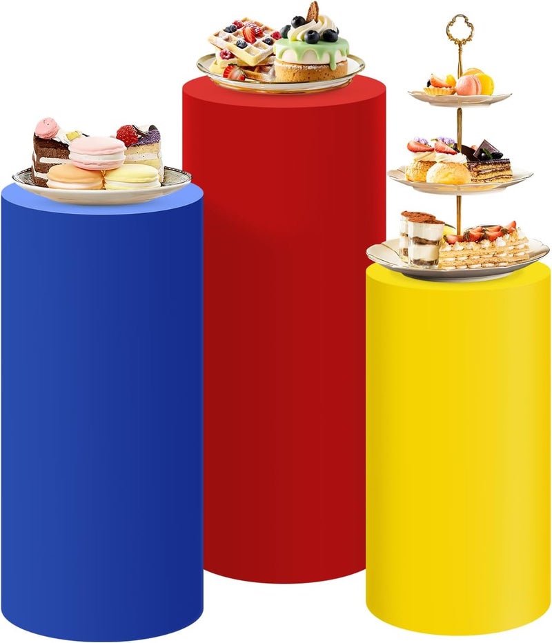 SaitiMade Set of 3 Red Yellow Blue Cylinder Pedestal Stand Covers, 3pcs Spandex Mixed Colors Cylinder Stand Covers for Party, Wedding or Birthday Event Decor (Only Contains Colorful Cylinder Covers) - Image 1